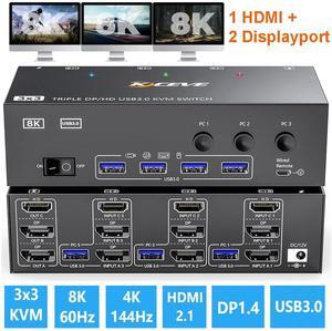 IHDAPP KVM Switch 3 Monitors 3 Computers 8K@60Hz, HDMI + 2* Displayport Triple Monitor KVM Switches for 3 Computers Share 3 Monitors and 4 USB 3.0 Devices, Wired Remote and 12V power adapter Included