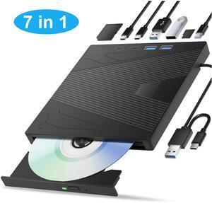 IHDAPP External CD/DVD Drive for Laptop, 7-in-1 DVD Player for Laptop USB 3.0 & Type-C Portable CD DVD Burner External Disk Optical Drive Compatible with Laptop PC Windows XP/7/8/10, Linux MacOS