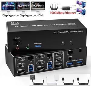 IHDAPP KVM Switch 3 Monitors 2 Computers Share 1000Mbps Ethernet, 8K@60Hz 4K@144Hz 2 Displayport + HDMI USB3.0 KVM Switch Triple Monitor with 3 USB 3.0 Port, Audio & Microphone, Wired Remote included