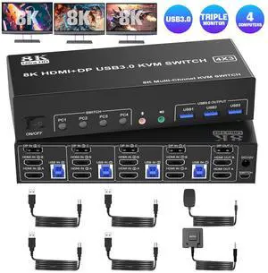 IHDAPP 8K@60Hz KVM Switch 3 Monitors 4 Computers 4K@144Hz, 2 HDMI +1 DisplayPort KVM Switch Triple Monitor for 4 Computer with Audio and 3 USB 3.0 Ports, 3 Monitor KVM Switches Keyboard Mouse Switcher