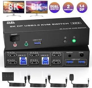 IHDAPP 8K@60Hz USB 3.0 Displayport KVM Switch 2 Monitors 2 Computers, DP 1.4 Dual Monitor KVM Switch with Audio Microphone Output and 3 USB 3.0 Ports, Wired Remote and 2 USB Cables Included