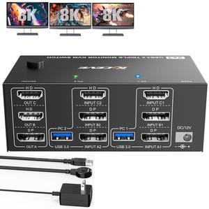 IHDAPP KVM Switch 2 PC 3 Monitors HDMI + DisplayPort 8K@60Hz 4K@144Hz, Triple Monitor KVM Switch for 2 PC Share 3 Monitors and 4 USB 3.0 Devices with 12V Power Adapter,Included Wired Remote Controller