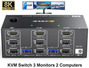 IHDAPP KVM Switch 3 Monitors 2 Computers 8K@60Hz 4K@144Hz, HDMI + 2 Displayport Triple Monitor KVM Switch Triple Monitor for 2 Computers Share 3 Monitors and 4 USB 3.0 Device, with Wired Remote