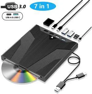 IHDAPP [7 in 1] External CD/DVD Drive for Laptop, Slot-Loading CD Reader for Laptop, Portable USb 3.0 & Type C External CDs Drive DVD Drive Externals CD Burner Compatible with PC Windows Linux MacOS