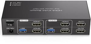 IHDAPP 2x2 HDMI KVM Switch Dual Monitor 2 Computers Support 4K@60Hz, USB 3.0 KVM Switches Share Dual Monitors and 4 USB 3.0 Ports Support Extended/Copy Mode with DC 12V Adapter & Wired Controller