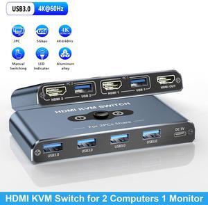 IHDAPP HDMI KVM Switch, 2 Port HDMI KVM Switch 1 Monitors 2 Computers, HDMI Switch, 4K@60Hz KVM Switches for 2 Computers Sharing 1 Monitor, 4 USB 3.0 Devices Such as Keyboard, Mouse, Printer, Scanner