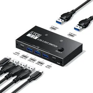 IHDAPP USB 3.0 Switcher for 2 Computers Sharing USB C & A Devices, 4 Port USB 3.0 Switch Selector, 2 in 4 Out USB Switch Sharing Keyboard and Mouse, Scanner/Printer with 2 USB-A to A Cables