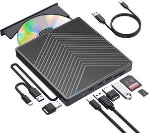 IHDAPP 8 in 1 External CD DVD Drive, CD Burner DVD Player USB 3.0 with 4 USB Port and 2 SD/TF Card Reader, USB-C CD/DVD-ROM +/-RW Disk Drive Adapter Writer for Laptop PC Windows 11/10/8/7 Linux MacOS