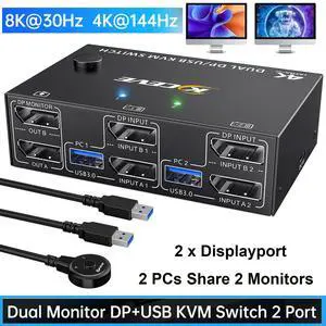IHDAPP 8K USB 3.0 Displayport KVM Switch 2 Monitors 2 Computers 8K@30Hz 4K@144Hz, Dual Monitor Displayport 1.4 KVM Switches with 4 USB 3.0 Port for USB Devices, Wired Remote and USB Cables Included