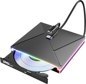 IHDAPP RGB DVD Player for Laptop, External CD DVD Drive for Mac, USB 3.0 USB C Portable CD Burner External Disk Drive, DVD Reader Writer ROM Drive Compatible with Laptop Desktop Mac,Windows 11/10/8/7
