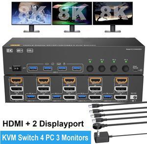IHDAPP HDMI + 2 Displayport Triple Monitor KVM Switch 3 Monitors 4 PCs 8K@60Hz/4K@144Hz KVM Switches with 4 PCs Share 3 Display & 4 USB 3.0 Devices, Wired Remote, Power Adapter, USB3.0 Cables Included