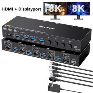 IHDAPP HDMI + Displayport KVM Switch 4 Computers 2 Monitors, 8K@60Hz 4K@144Hz, USB 3.0 Dual Monitor KVM Switches for 4 PC Share 2 Monitors and Keyboard, Mouse and Printer, with Wired Remote