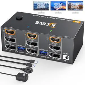 IHDAPP 8K@60Hz HDMI + 2 Displayport KVM Switch 3 Monitors 2 Computers 4K@144Hz Triple Monitor KVM Switches for 2 PCs 3 Monitors with 4 USB 3.0 Port, Wired Remote,Power Adapter & USB3.0 Cables Included