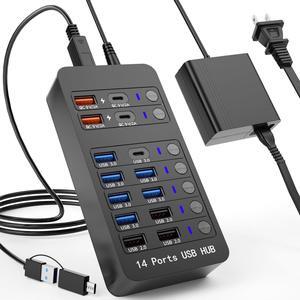 IHDAPP Powered USB 3.0 Hub, 14 Ports USB Splitter Hub (10 Faster Data Transfer Ports + 4 Smart USB Charging Port) USB Hub with LED Individual On/Off Switches for PC, Laptop, Desktop