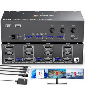 IHDAPP KVM Switch 3 Monitors 3 Computers 8K@60Hz, HDMI + 2 Displayport Triple Monitor KVM Switches for 3PCs Share 3 Monitors and 4 USB 3.0 Devices, Wired Remote and Power Adapter Included
