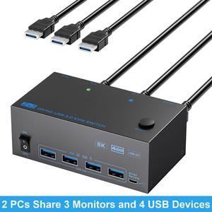 IHDAPP Triple Monitor HDMI + 2 Displayport KVM Switch, 8K@60Hz KVM Switches 2 Computer 3 Monitors for 2 PCs Share 3 Monitors and 4 USB Devices, with 2 USB Cables, Power Adapter, Wired Controller