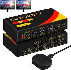 IHDAPP Dual Monitor HDMI + Displayport Switch 2 Monitors 2 Computers, DP HDMI KVM Switch  8K@60Hz for 2 computers share 2 monitors and 3 USB-A and 1 USB-C Devices, with Desktop Controller & USB Cables