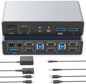 IHDAPP HDMI KVM Switch 2 Monitors 2 Computers, Dual Monitor KVM USB Switcher 4K@60Hz, HDMI Extended/Mirror Display for 2 PC Share 2 Monitors, with 3 USB 3.0 Port, Desktop Controller and 2 USB Cables