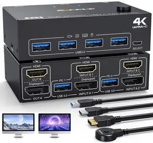 IHDAPP KVM Switch 2 PC 2 Monitors 4K @ 60Hz 2K @ 120Hz, Displayport + HDMI Dual Monitors KVM Switch for 2 PCs that share 2 Monitors and 4 USB 3.0 Devices with HDMI + DP + USB Cable and Wired Remote