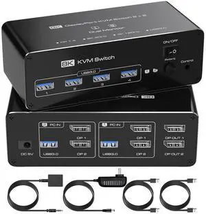 IHDAPP Dual Monitor DisplayPort KVM Switch 2 Monitors 2 Computers 8K@60Hz 4K@144Hz, DP KVM Switches  for 2 PCs Share 2 Monitors, 4 USB 3.0 Ports, Supports Extended/Copy Mode with Remote & USB Cables