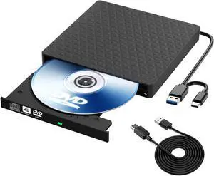 IHDAPP External CD DVD Drive, Slim CD DVD Rw Reader Disk Drive Portable DVD Player, USB 3.0 and Type-C Optical DVD Drive ROM Burner Rewriter for Laptop PC Mac OS MacBook Windows 10/8/7/XP/Linux