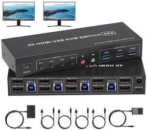 IHDAPP 4 in 2 Out HDMI KVM Switch 4 Computers 2 Monitors with 3 USB 3.0 Ports, 4K@60Hz 4 Port HDMI Dual Monitor KVM Switch for 4 PCs Share 2 Monitors, Support Button Switch & Desktop Controller