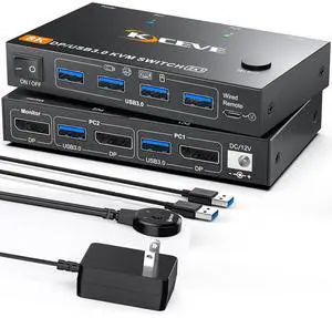 IHDAPP 2 Port DP KVM Switch 2 Computer 1 Monitor, DisplayPort USB 3.0 KVM Switch Displayport 2.1 8K@60Hz 4K@144Hz for 2 PC Share One Monitor and Keyboard Mouse, with Wired Remote and Power Adapter