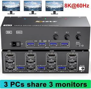 IHDAPP KVM Switch 3 Monitors 3 Computers 8K@60Hz, 1* HDMI + 2* Displayport Triple Monitor USB 3.0 KVM Switches with 4 USB 3.0 Ports for Keyboard Mouse Printer, Wired Remote & Power Adapter included