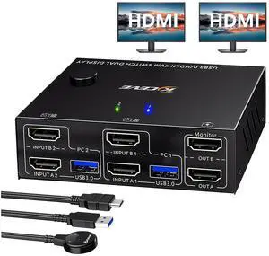 IHDAPP 2 Ports HDMI KVM Switch 2 Monitors 2 Computers, Support EDID Emulator 4K@60Hz USB 3.0 Dual Monitor HDMI KVM Switches for 2 Computers Share 2 Monitors and 4 USB 3.0 Devices, with Wired Remote