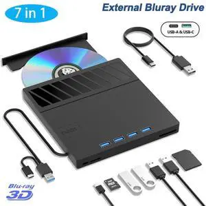 IHDAPP 7 in 1 External Blu Ray Drive, USB 3.0 Type-C External Blu ray Player, 50GB BD write support, 3D External Blu Ray Burner with 4 USB A&TF/SD Port, External Optical Drive for Windows Linux Mac OS