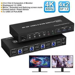 IHDAPP 4 Port Displayport USB 3.0 KVM Switch for 4 Computers 2 Monitors, 4x2 Displayport Dual Monitor KVM Switch, 4K@60Hz Displayport KVM Switch 4 In 2 Out for 4 PC Share 2 Monitors and 3 USB Devices