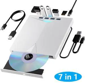 IHDAPP External CD/DVD Drive for PC, Portable 7 in 1 USB 3.0 Type C External CD DVD Drive with 4 USB Ports and TF/SD Card Slots, External CD Reader DVD Burner for Windows 11/10/8/7/XP/Linux/MacOS