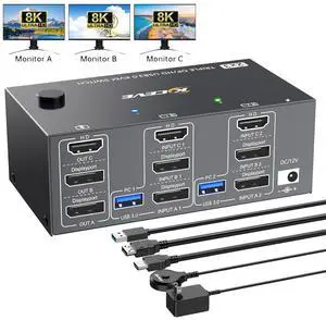 IHDAPP HDMI + 2 Displayport KVM Switch 3 Monitors 2 Computers 8K@60Hz 4K@144Hz, Triple Monitor KVM Switch for 2 Computers Share 3 Monitors and 4 USB 3.0 Devices, Support Extended and Mirror Mode