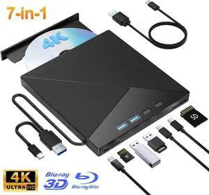 IHDAPP 7 in 1 External Blu Ray Drive, 4K Blu Ray Burner, USB 3.0 Type-C Portable Blu Ray Drive, CD DVD Burner 3D BD Player with SD/TF Ports, External CD DVD Optical Drive Compatible with Windows MacOS