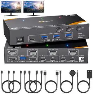 IHDAPP KVM Switch 2 Monitors 3 Computers USB C, USB 3.0 Dual Monitor HDMI  KVM Switch for 2 Laptops 1 Desktop Share 4 USB 3.0 Device Keyboard, Mouse, 85W PD, 4K@60Hz, Power Adapter and Wired Remote