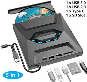 IHDAPP 5-in-1 External CD DVD Drive, USB 3.0 & USB C Portable CD/DVD +/-RW Burner DVD Player for Laptop with 1 USB 3.0, 1 USB 3.0, 1 USB C, 1 SD Card Reader Compatible with Laptop PC Windows Linux Mac