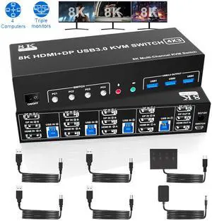IHDAPP 8K@60Hz 2 Displayport + HDMI USB 3.0 KVM Switch 3 Monitors 4 Computers, 2 DP1.4 + HDMI2.1 Triple Monitor KVM Switch with Audio Microphone+3 USB 3.0 Ports, Triple Monitor Keyboard Mouse Switcher