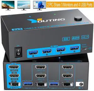 IHDAPP 2 HDMI + 1 Displayport KVM Switch 3 Monitors 2 Computers, USB 3.0 Triple Monitor KVM Switch 4K@144Hz 8K@60Hz for 2 Computer Share 3 Monitors Keyboard Mouse, with Power Adapter and Wired Remote