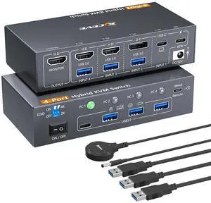 IHDAPP 4 Computers KVM Switch 4 Port Hybrid USB-C & Displayport & Dual HDMI 4K@60Hz USB 3.0 KVM Switcher with EDID Emulator for 4 PC Share 1 Monitor & Keyboard Mouse Printer, Support PD 85W Charging