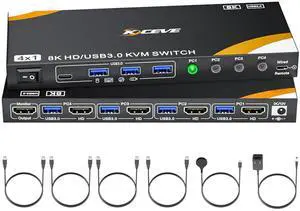 IHDAPP HDMI KVM Switch 4 PC 1 Monitor 8K@60Hz, 4 Port HDMI 2.1 USB 3.0 KVM Switch for 4 Computers Share 1 Monitor and 4 USB 3.0 Devices (Keyboard, Mouse, Printer), with Wired Remote & 4 USB 3.0 Cables