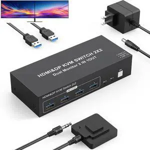 IHDAPP HDMI + DP KVM Switch 2 Monitors 2 Computers 4K@60Hz, HDMI + Displayport Dual Monitor KVM Switches 2 in 2 Out for 2 PC Share Mouse Keyboard and 2 Screens with USB 3.0 Cables & Wired Controller