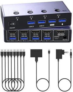 IHDAPP 8K@60Hz HDMI KVM Switch 4 Computers Share One Monitor with 4 USB 3.0 Ports, Aluminum HDMI USB 3.0 KVM Switches, Share Keyboard Mouse Hard Drives Printer with 4 USB Cables and Desktop Controller