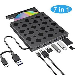 IHDAPP External CD/DVD Drive for Laptop, 7-in-1 External DVD Drive/Burner/Reader DVD Player for Laptop USB 3.0/USB-C Plug & Play CD Drive, Compatible with Windows 11/10/8/7 MacOS MacBook Pro/Air Linux