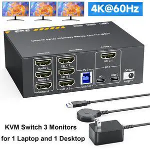 IHDAPP KVM Switch for 1 Laptop & 1 Desktop share 3 Monitors 4K@60Hz, USB C HDMI 3 Monitor KVM Switch, Docking Station KVM Switches with 4 USB 3.0 Port, 87W PD Charging, Wired Remote and Power Adapter