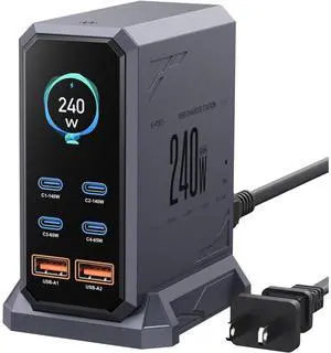 IHDAPP 240W USB C Charger Block, 6 Ports USB Charging Station, GaN 140W PD 3.1 USB Charger, Laptop Fast Charger Adapter Desktop Charger Station with LCD Display for Laptops, Smartphones etc..