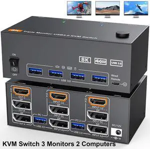 IHDAPP 8K@60Hz HDMI 2.1 + 2 Displayport KVM Switch 3 Monitors 2 Computers 4K@144Hz Triple Monitor KVM Switches for 2 PC Share 3 Monitors with USB 3.0 Port, Wired Remote, Power Adapter & USB 3.0 Cables