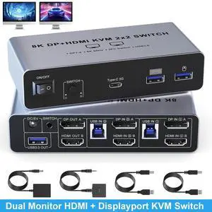 IHDAPP USB3.0 Displayport + HDMI KVM Switch 2 Monitors 2 Computers, 8K@60Hz Dual Monitor KVM Switch with Type C + 3 USB 3.0 Ports & Audio Microphone, 2 Port HDMI+DP Monitor Switch for 2 PC 2 Monitor