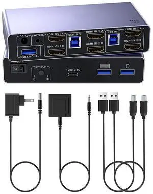 IHDAPP USB 3.0 HDMI KVM Switch 2 Monitors 2 Computers, 8K@60Hz 2 Ports Dual Monitor HDMI KVM Switch 2 in 2 Out, Dual Mode Switching, with 3 USB 3.0 Port, Desktop Controller and 2 USB Cables