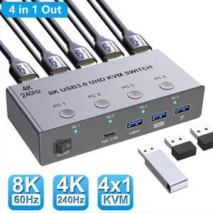 IHDAPP 4 Ports HDMI KVM Switch 4 Computers 1 Monitor, USB 3.0 HDMI KVM Switch  4 In 1 Out 4K@120Hz. Support 8K@60Hz Resolution HDMI KVM Switches for 4 Computers Share Mouse Keyboard and Monitor
