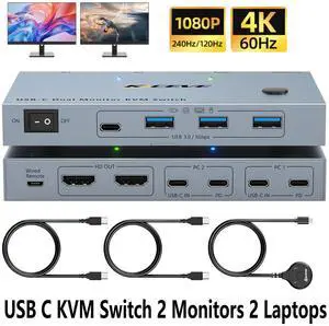 IHDAPP USB C KVM Switch 2 Monitors 2 Laptops, 4K@60Hz USB C Dual Monitor KVM Switch for 2 laptops to Share 2 Monitor and 4 USB3.0 Devices, 80W PD Charging, Wired Remote and Cables Included